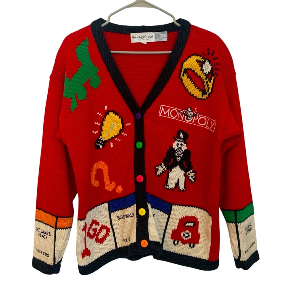 Vintage 1992 Monopoly Knit Novelty Cardigan Sweater Size Medium